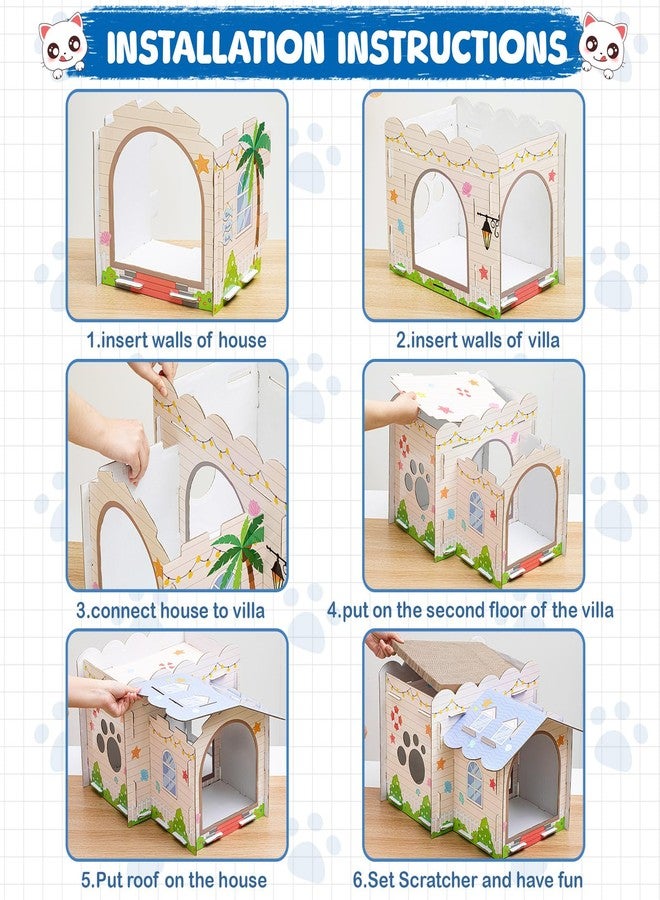 Lineshading بيت قطط من الكرتون مكون من طابقين مع لوحة خدش للقطط الصغيرة، 17×12×10، منزل وفيلا متعدد المستويات ومتين للقطط والأرانب والحيوانات الصغيرة، هدية عيد الميلاد (شاطئ) - Image 3
