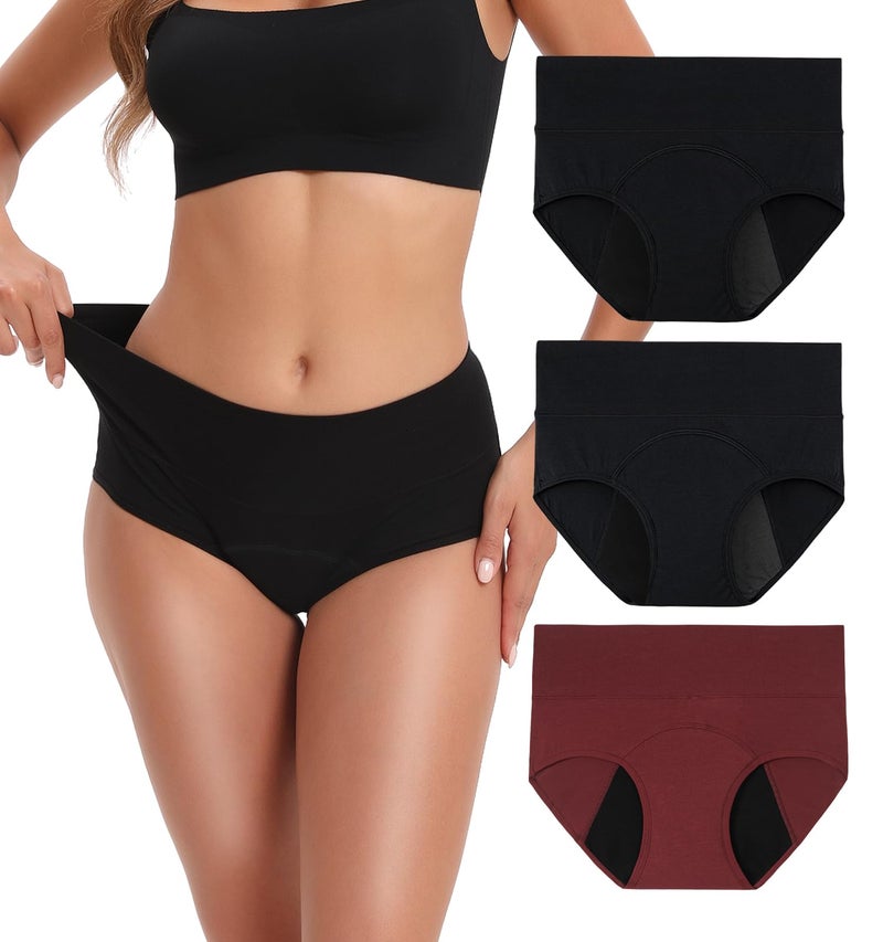 INNERSY Period Underwear for Women Leakproof High Waisted Menstrual Cotton Panties 3 PackMedium BlackBurgundy - Image 2