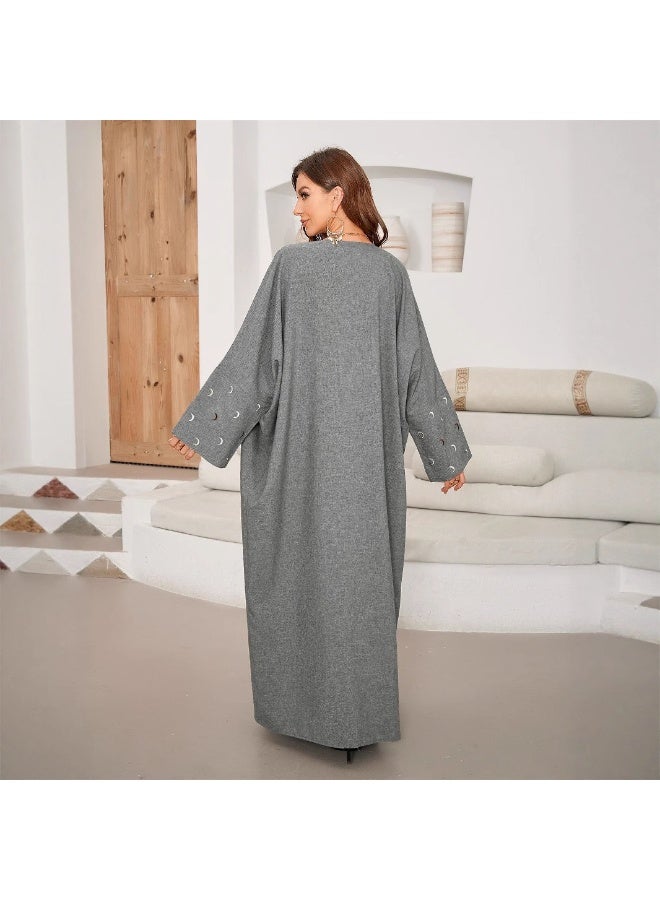 Women Open Abaya Outerwear Moon Embroidery Wide Sleeve Loose Maxi Long Cardigan - Image 3