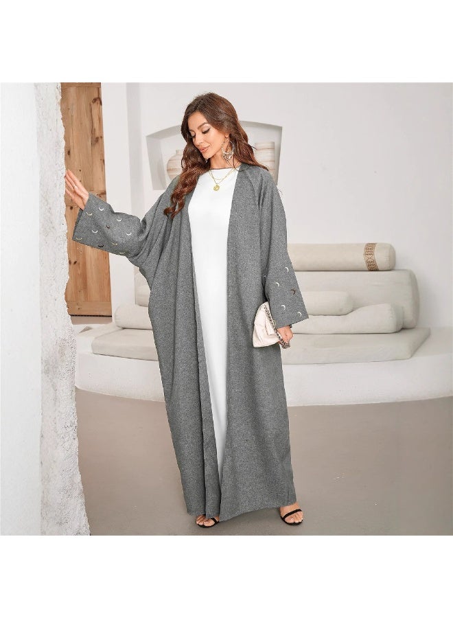 Women Open Abaya Outerwear Moon Embroidery Wide Sleeve Loose Maxi Long Cardigan - Image 2