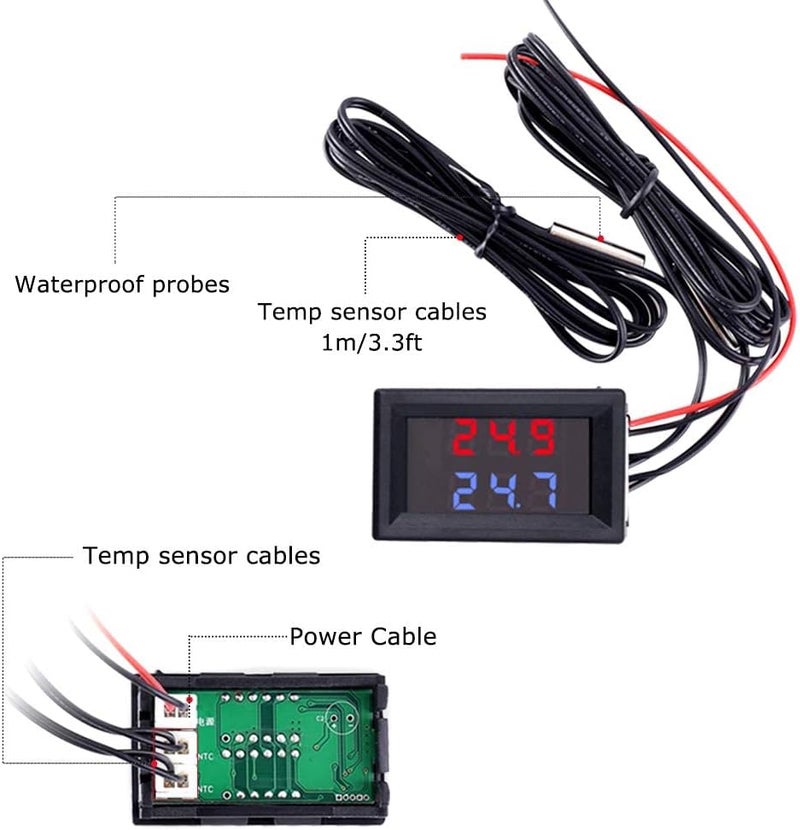 IS Icstation Digital Thermometer, Car Auto Temperature Gauge Sensor, DC 4-28V Fahrenheit Dual Display, Monitor with 2 NTC Waterproof Probes for Aquarium Vehicle Fish Tank - Image 2