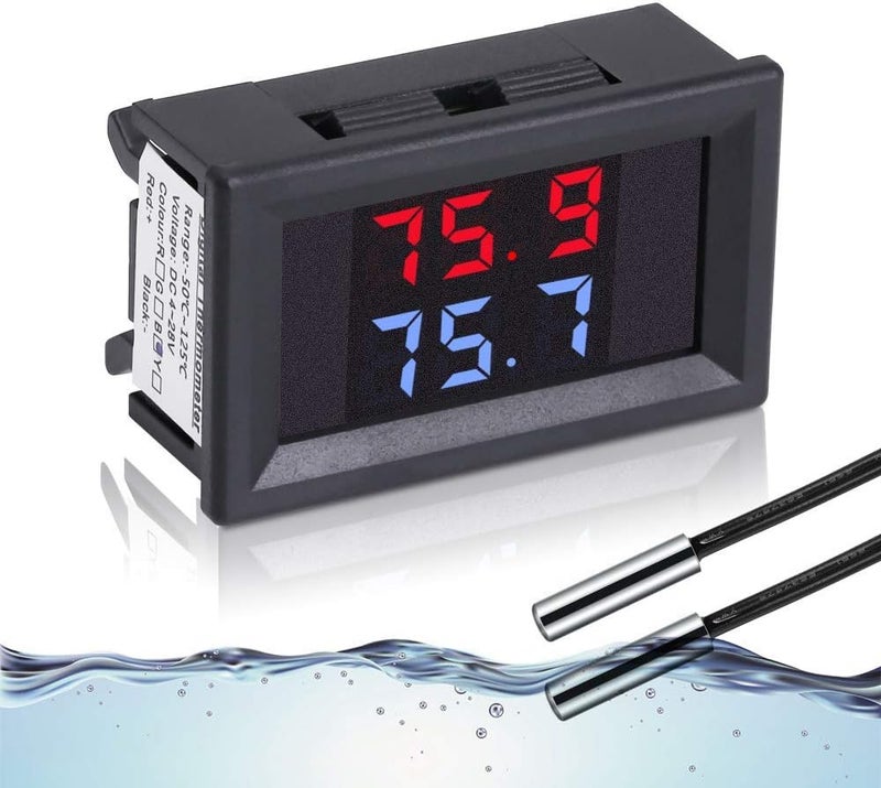 IS Icstation Digital Thermometer, Car Auto Temperature Gauge Sensor, DC 4-28V Fahrenheit Dual Display, Monitor with 2 NTC Waterproof Probes for Aquarium Vehicle Fish Tank - Image 1