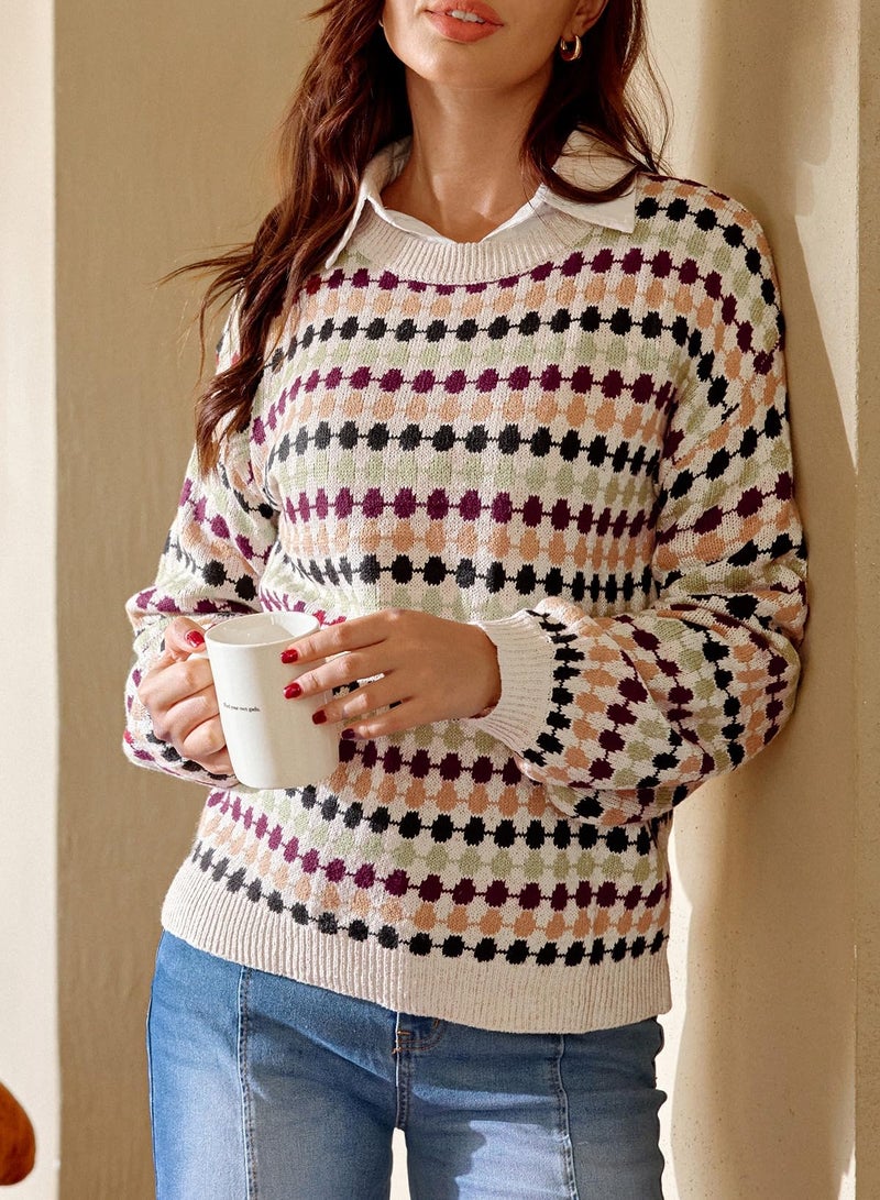 EVALESS Women's Sweaters Fall Fashion 2025 Long Sleeve Polka Dot Top Christmas Pullover Sweaters Trendy Colorblock Striped Clothing Casual Teacher Outfits Light Cozy Sweaters Multicolour X-Large - Image 5