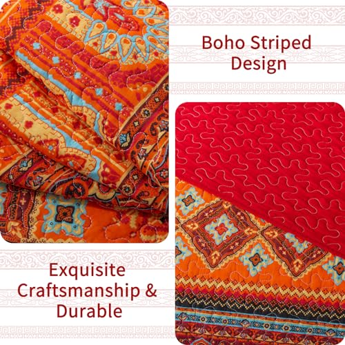 VAPUTAR Quilt California King Size Bedding Set - Cotton California King Quilt (108 * 118 Inch) - Boho Lightweight Reversible Oversized Bedspread for Farmhouse Bedroom (Red/Orange), 3 Pieces - Image 4