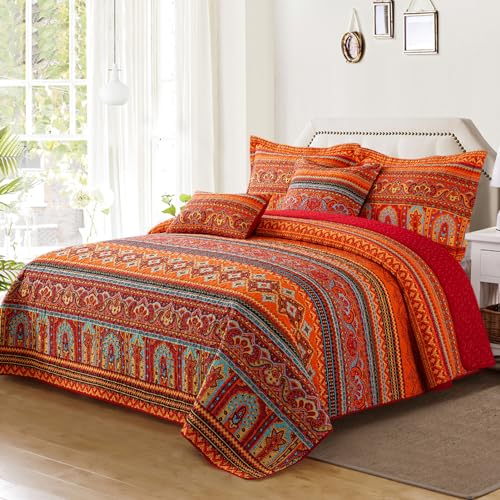 VAPUTAR Quilt California King Size Bedding Set - Cotton California King Quilt (108 * 118 Inch) - Boho Lightweight Reversible Oversized Bedspread for Farmhouse Bedroom (Red/Orange), 3 Pieces - Image 2