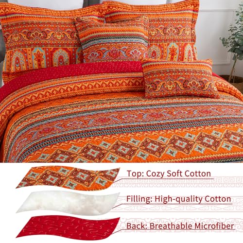 VAPUTAR Quilt California King Size Bedding Set - Cotton California King Quilt (108 * 118 Inch) - Boho Lightweight Reversible Oversized Bedspread for Farmhouse Bedroom (Red/Orange), 3 Pieces - Image 3