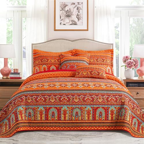 VAPUTAR Quilt California King Size Bedding Set - Cotton California King Quilt (108 * 118 Inch) - Boho Lightweight Reversible Oversized Bedspread for Farmhouse Bedroom (Red/Orange), 3 Pieces - Image 1