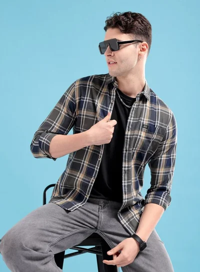 شركة المرآب الهندية Men Slim Fit Checkered Full Sleeves Spread Collar Casual Shirt