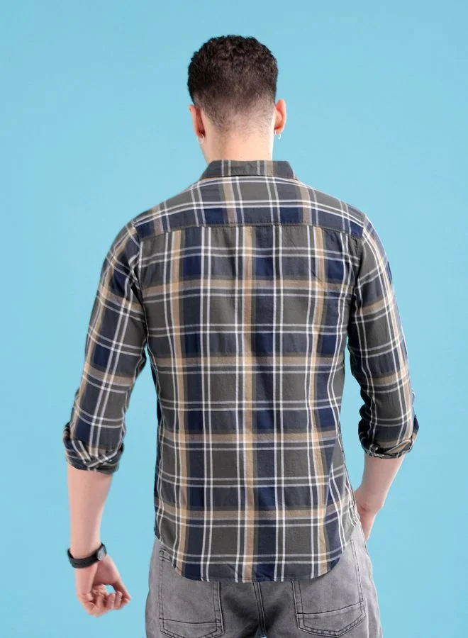 شركة المرآب الهندية Men Slim Fit Checkered Full Sleeves Spread Collar Casual Shirt
