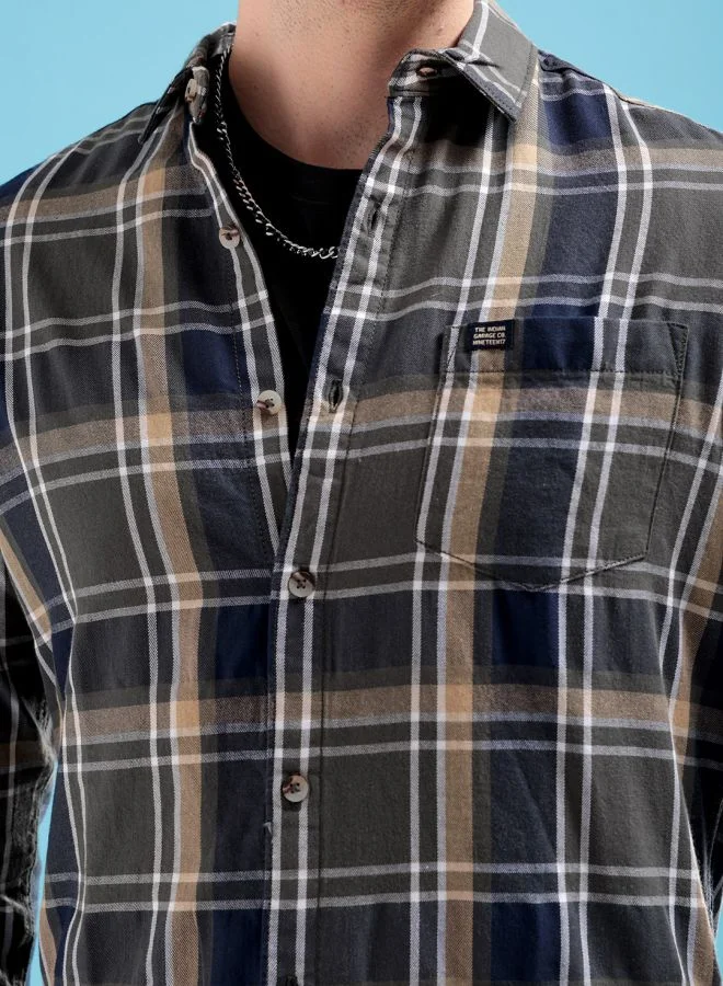 شركة المرآب الهندية Men Slim Fit Checkered Full Sleeves Spread Collar Casual Shirt