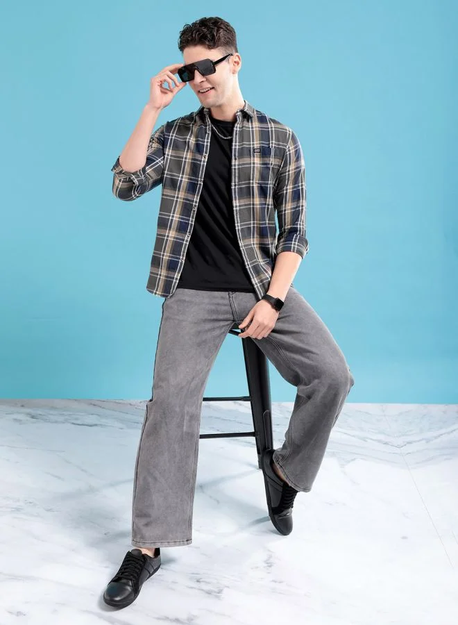 شركة المرآب الهندية Men Slim Fit Checkered Full Sleeves Spread Collar Casual Shirt