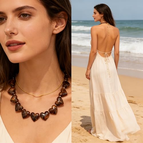 YUJIE Amber Acrylic Heart Choker Necklace for Women Vintage Punk Chunky Necklace Trendy Fashion Accessory (tiger eye) - Image 4
