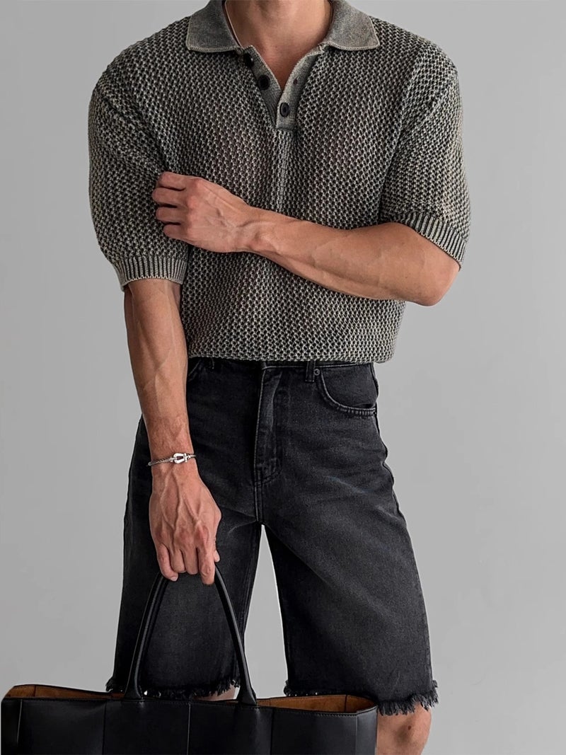 Men's Knitted Short Sleeve Polo Shirt with Honeycomb Hollow Design, Washed Summer Top - Image 2