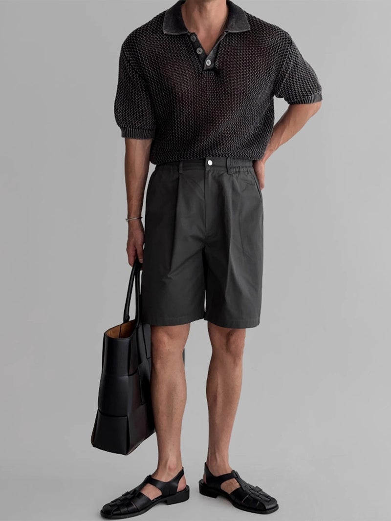 Men's Knitted Short Sleeve Polo Shirt with Honeycomb Hollow Design, Washed Summer Top - Image 5