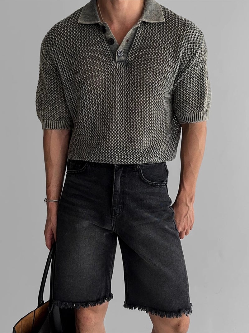 Men's Knitted Short Sleeve Polo Shirt with Honeycomb Hollow Design, Washed Summer Top - Image 1