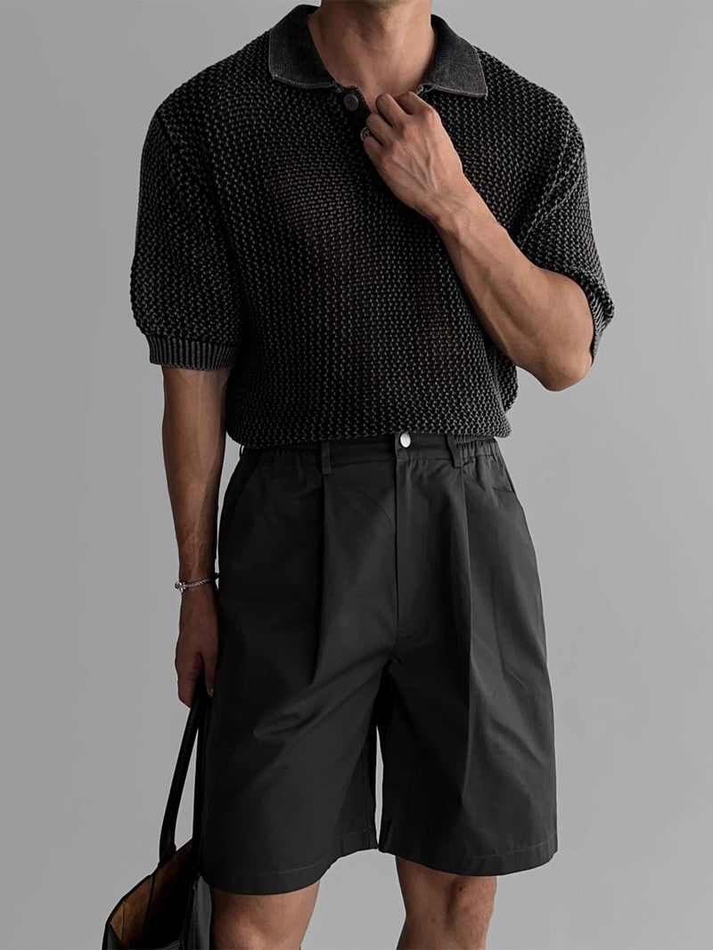 Men's Knitted Short Sleeve Polo Shirt with Honeycomb Hollow Design, Washed Summer Top - Image 4