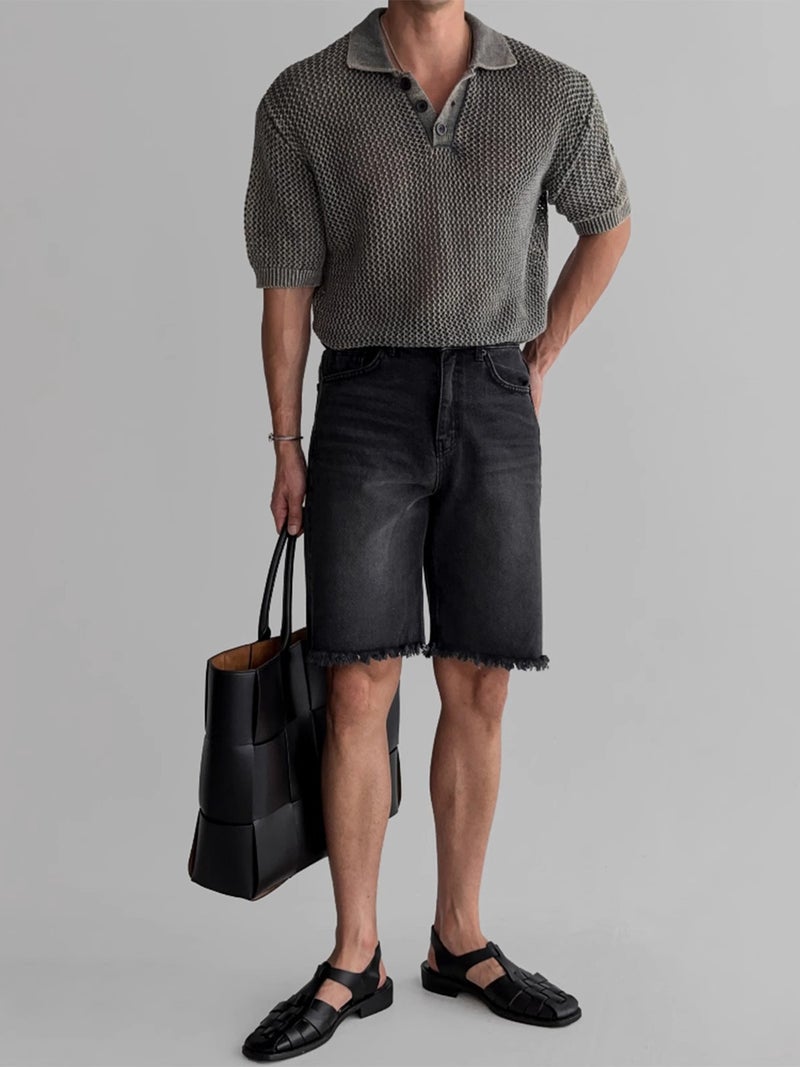 Men's Knitted Short Sleeve Polo Shirt with Honeycomb Hollow Design, Washed Summer Top - Image 3