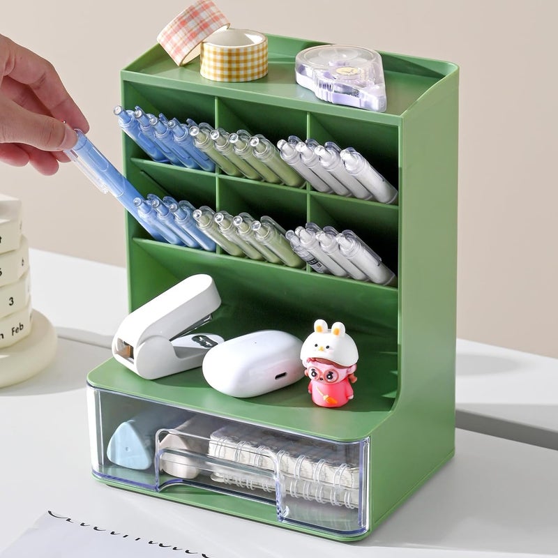 HOME CUBE Desk Organizer With Drawer Desktop Office Stationery Storage Box Desk Accessories Mobile Holder Table Organiser Study Table Desk Organizer (2020, Green) - Plastic - Image 1