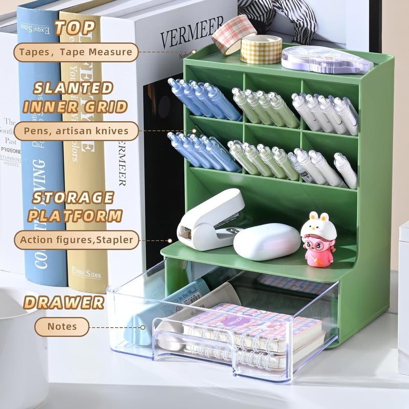 HOME CUBE Desk Organizer With Drawer Desktop Office Stationery Storage Box Desk Accessories Mobile Holder Table Organiser Study Table Desk Organizer (2020, Green) - Plastic - Image 2