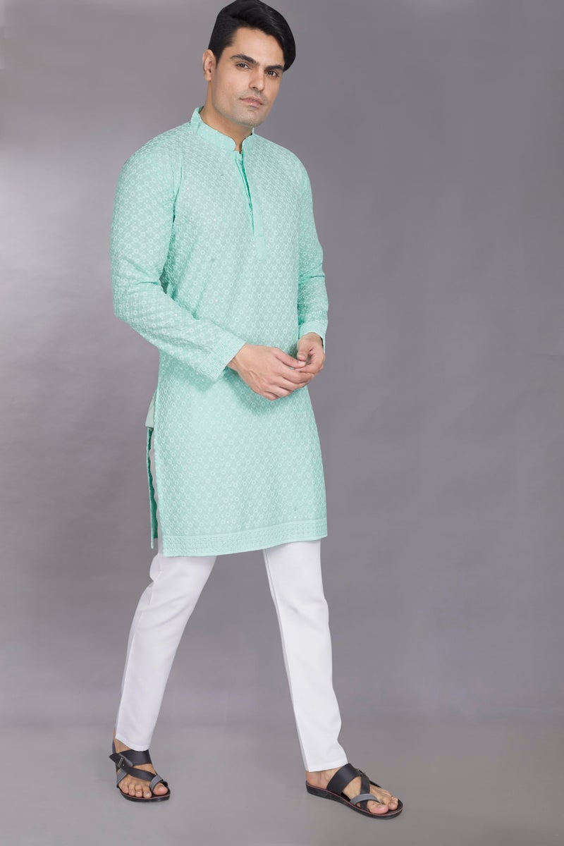DIVISIVE Men's Sequince Embroidered Cotton Blend Only Slim Fit Kurta (DKRT881_4XL_Sky) - Image 3