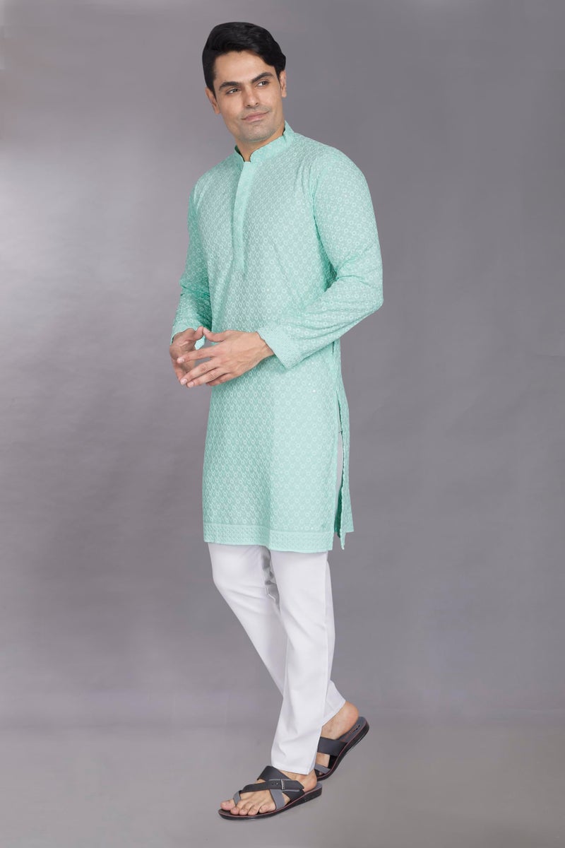 DIVISIVE Men's Sequince Embroidered Cotton Blend Only Slim Fit Kurta (DKRT881_4XL_Sky) - Image 4