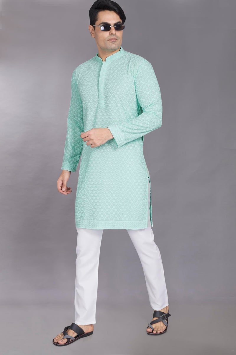 DIVISIVE Men's Sequince Embroidered Cotton Blend Only Slim Fit Kurta (DKRT881_4XL_Sky) - Image 2