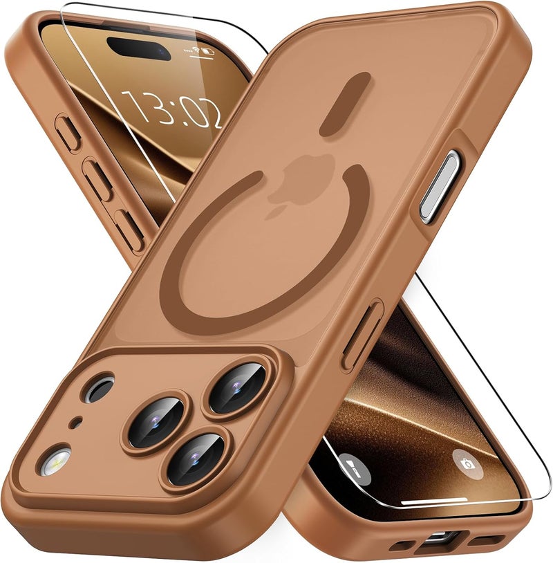 حافظة مغناطيسية لـ iPhone 17 Pro مع زجاج واقي واحد، متوافقة مع Magsafe، حماية من السقوط وفق المعايير العسكرية، ظهر غير لامع شفاف، حافظة هاتف مقاومة للصدمات، بني قهوة - Image 1