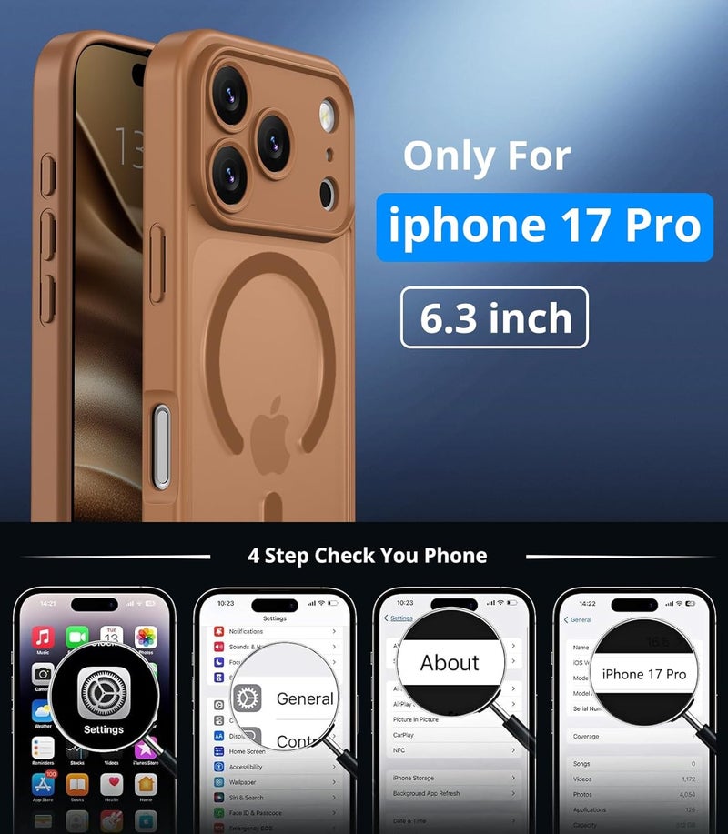 حافظة مغناطيسية لـ iPhone 17 Pro مع زجاج واقي واحد، متوافقة مع Magsafe، حماية من السقوط وفق المعايير العسكرية، ظهر غير لامع شفاف، حافظة هاتف مقاومة للصدمات، بني قهوة - Image 4