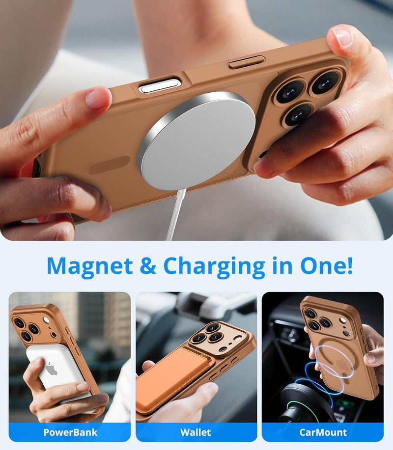 حافظة مغناطيسية لـ iPhone 17 Pro مع زجاج واقي واحد، متوافقة مع Magsafe، حماية من السقوط وفق المعايير العسكرية، ظهر غير لامع شفاف، حافظة هاتف مقاومة للصدمات، بني قهوة - Image 3