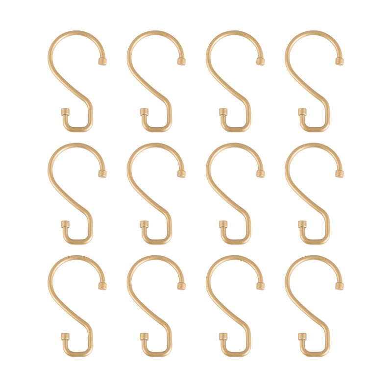 Bath Bliss 12 Pack S-Hook Shower Curtain Rings | Bathroom | Metal S Shaped Hooks | Easy Glide | Easy to Install | Hang Mugs, Pans, Towels | Satin Gold - Image 1
