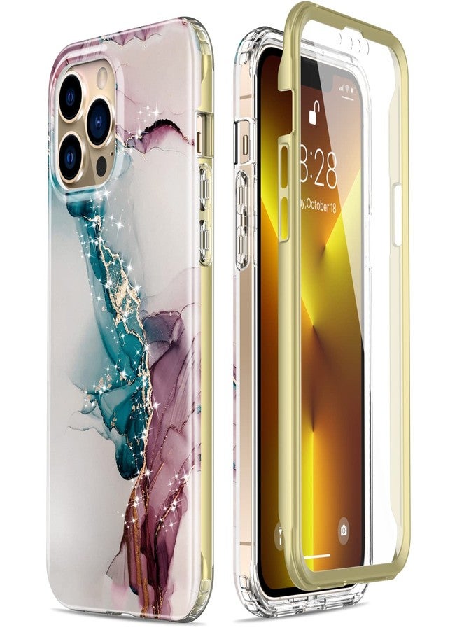 Esdot for iPhone 13 Pro Case with Built-in Screen Protector,Military Grade Rugged Cover with Fashionable Designs for Women Girls,Protective Phone Case 6.1" Turquoise Pink Marble - Image 1