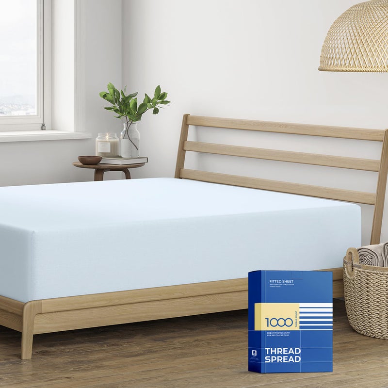 Thread Spread Luxury Egyptian Cotton Queen Fitted Sheet Only - 1000-Thread-Count 22"" Deep Pocket Queen Fitted Sheet  Soft  Cooling  Sateen Weave  Extra Long Staple Queen Size Fitted Sheet - Light Blue - Image 1