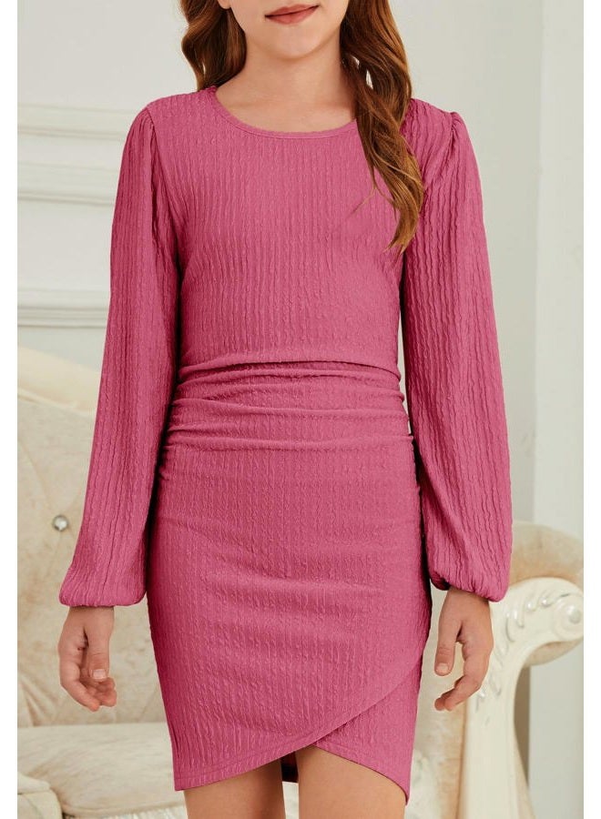MITILLY Girls Fall Dress Long Sleeve Formal Short Dress with Slit Ruched Bodycon Party Prom Dance Graduation Fancy 8-14 Years, Rose Pink, 12 Years - Image 2