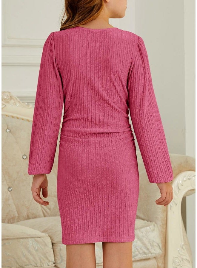 MITILLY Girls Fall Dress Long Sleeve Formal Short Dress with Slit Ruched Bodycon Party Prom Dance Graduation Fancy 8-14 Years, Rose Pink, 12 Years - Image 3