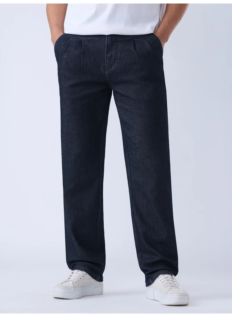 The Souled Store  The Souled Store Retro Line: Men and Boys Zip Fly Dark Indigo Solid Cotton Spandex Blend Straight Fit Lightweight Pleated Front Everyday Streetwear Jeans for Men | Best Price UAE