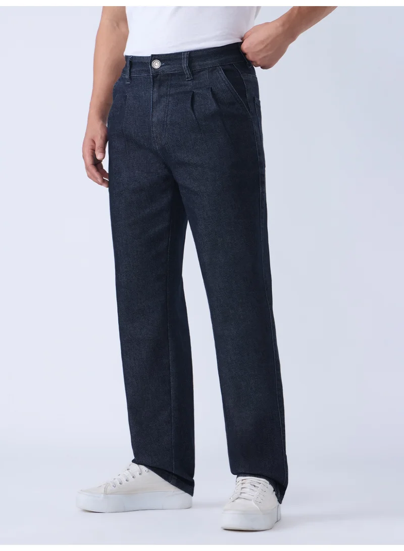 The Souled Store Retro Line: Men and Boys Zip Fly Dark Indigo Solid Cotton Spandex Blend Straight Fit Lightweight Pleated Front Everyday Streetwear Jeans
