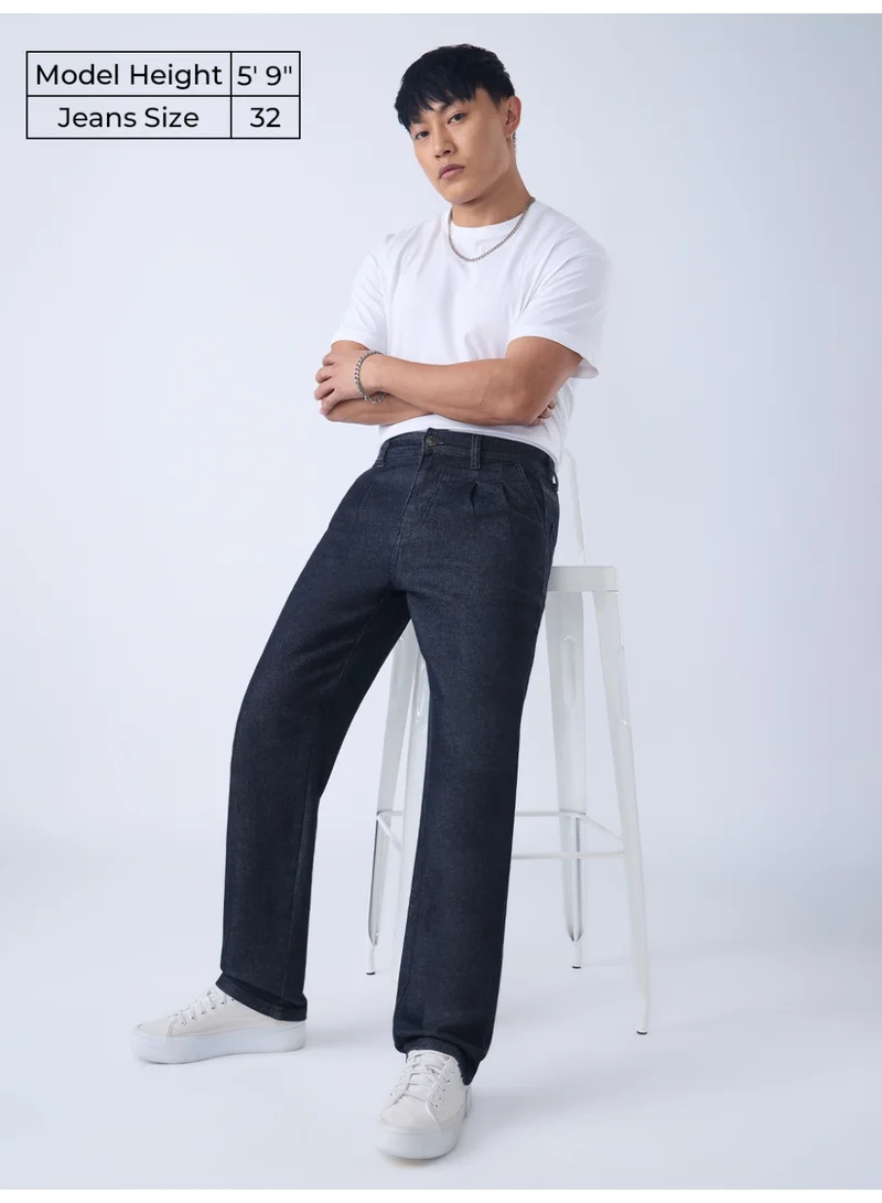 The Souled Store  The Souled Store Retro Line: Men and Boys Zip Fly Dark Indigo Solid Cotton Spandex Blend Straight Fit Lightweight Pleated Front Everyday Streetwear Jeans for Men | Best Price UAE