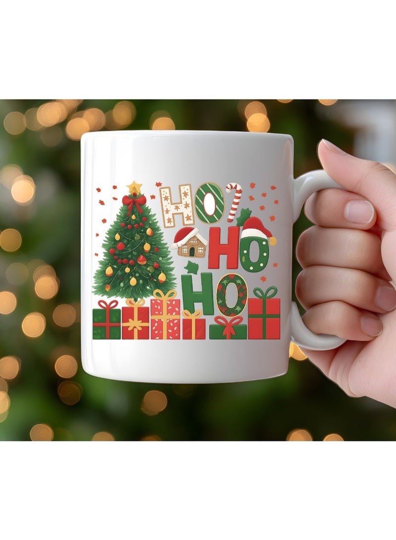 مج سيراميك بتصميم Ho Ho Ho كريسماس – كوب قهوة شتوي برسومات شجرة وهدايا، هدية أعياد مميزة