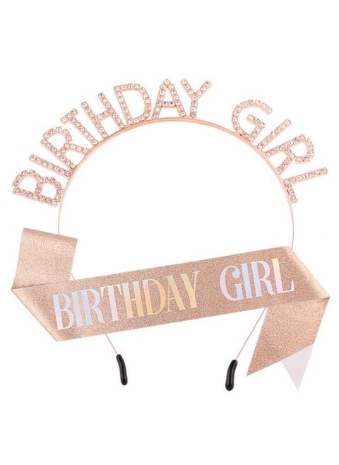 Birthday Girl Sash & Rhinestone Headband Set, Birthday Crowns for Girl, Rose Gold Glitter Birthday Sash Birthday Headband Gifts for Women Birthday Party Supplies