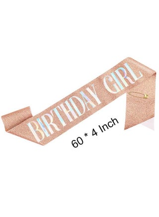 Birthday Girl Sash & Rhinestone Headband Set, Birthday Crowns for Girl, Rose Gold Glitter Birthday Sash Birthday Headband Gifts for Women Birthday Party Supplies - view 2