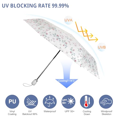 Cuby UV Sun Umbrella Compact Folding Travel Umbrella Auto Open and Close for Windproof, Rainproof & 99% UV Protection Parasol with Black Anti-UV Coating（Pink Flower） - Image 2