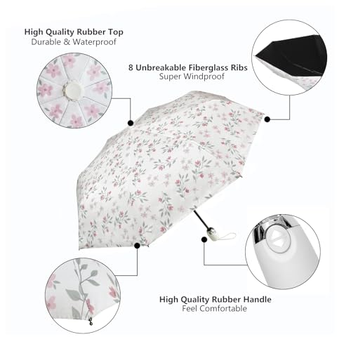 Cuby UV Sun Umbrella Compact Folding Travel Umbrella Auto Open and Close for Windproof, Rainproof & 99% UV Protection Parasol with Black Anti-UV Coating（Pink Flower） - Image 4