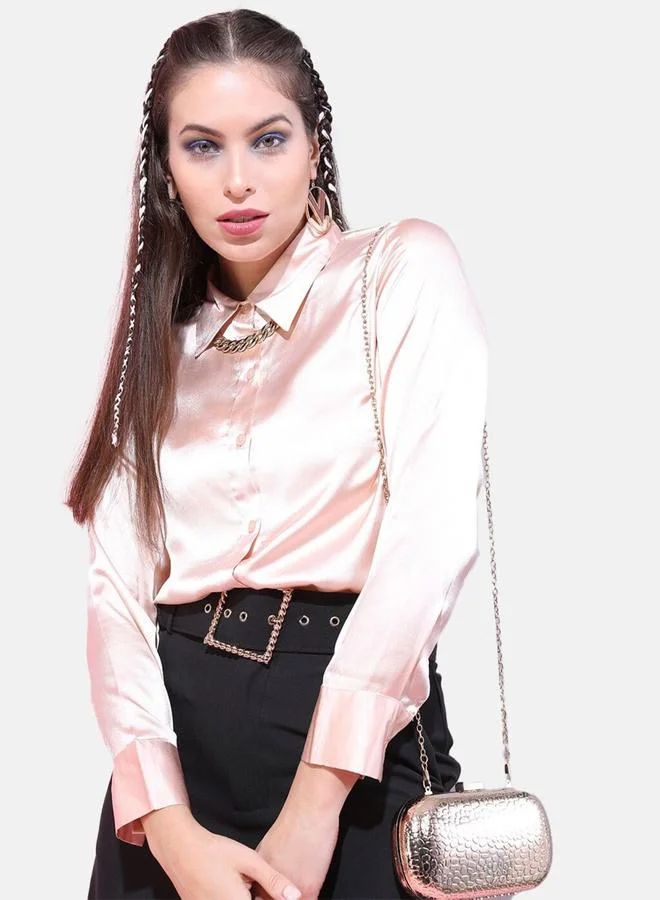 Freehand Freehand Women Peach Satin Slim Fit Solid Shirt