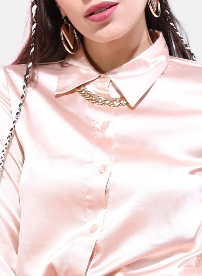 Freehand Freehand Women Peach Satin Slim Fit Solid Shirt