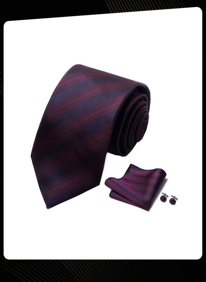 Joychic 3 Piece Men Formal Tie Pocket Square Cufflinks Set Classic Business Accessory for Weddings Formal Events Navy Blue with Burgundy Stripes - Image 4