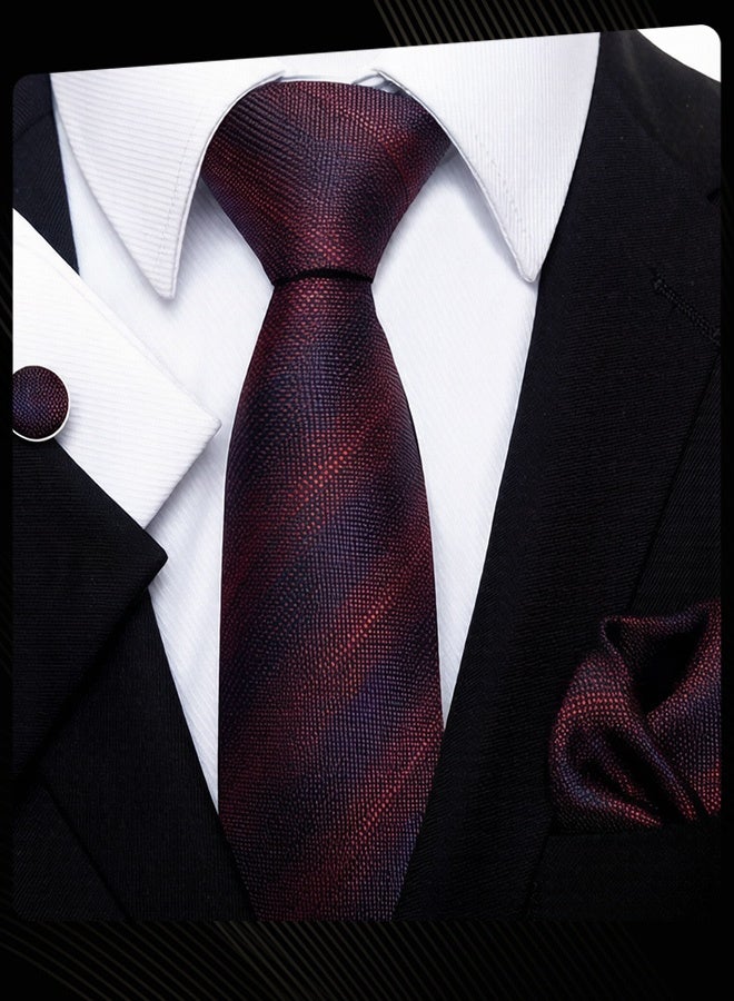 Joychic 3 Piece Men Formal Tie Pocket Square Cufflinks Set Classic Business Accessory for Weddings Formal Events Navy Blue with Burgundy Stripes - Image 1