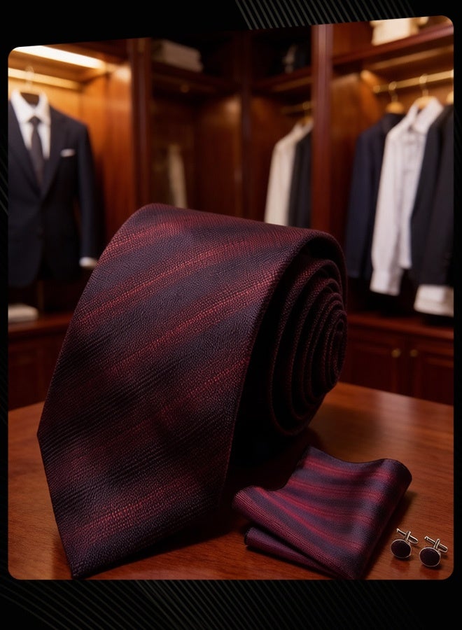 Joychic 3 Piece Men Formal Tie Pocket Square Cufflinks Set Classic Business Accessory for Weddings Formal Events Navy Blue with Burgundy Stripes - Image 3