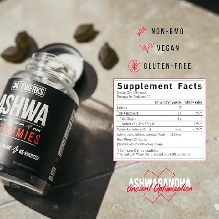 Xwerks Ashwagandha Gummies, Extra Strength 1500 mg Per Serving, Ashwagandha for Women and Men, Vegan Gluten Free, Non GMO, Vitamins and Supplements, Traditional Adaptogenic Herbal Supplement 60 Count - Image 2
