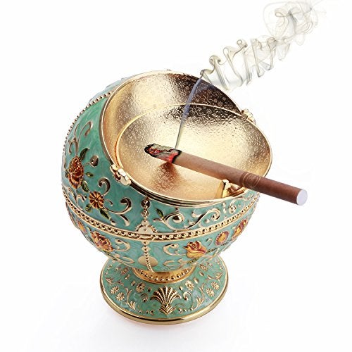 K COOL رماديات K COOL المقاومة للرياح مع غطاء معدني محمولة لرماد السجائر للاستخدام في الهواء الطلق والداخلية بنمط مطبوع يدويًا هدية فاخرة للرجال والنساء (أخضر جاد)  - Image 4