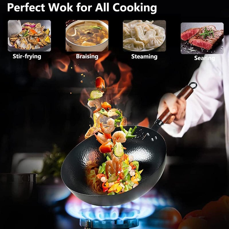 Angju Carbon Steel Wok Pan - 32cm Woks and Stir Fry Pans with Lid, No Chemical Coated Wok Pan for Electric, Induction & Gas Stoves, Nonstick Iron Wok and Stir Fry Pan with Detachable Wooden Handle - Image 4